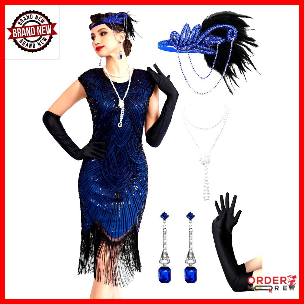 Sequin Fringed Flapper Dress 1920s Gatsby Costume Set With Accessories